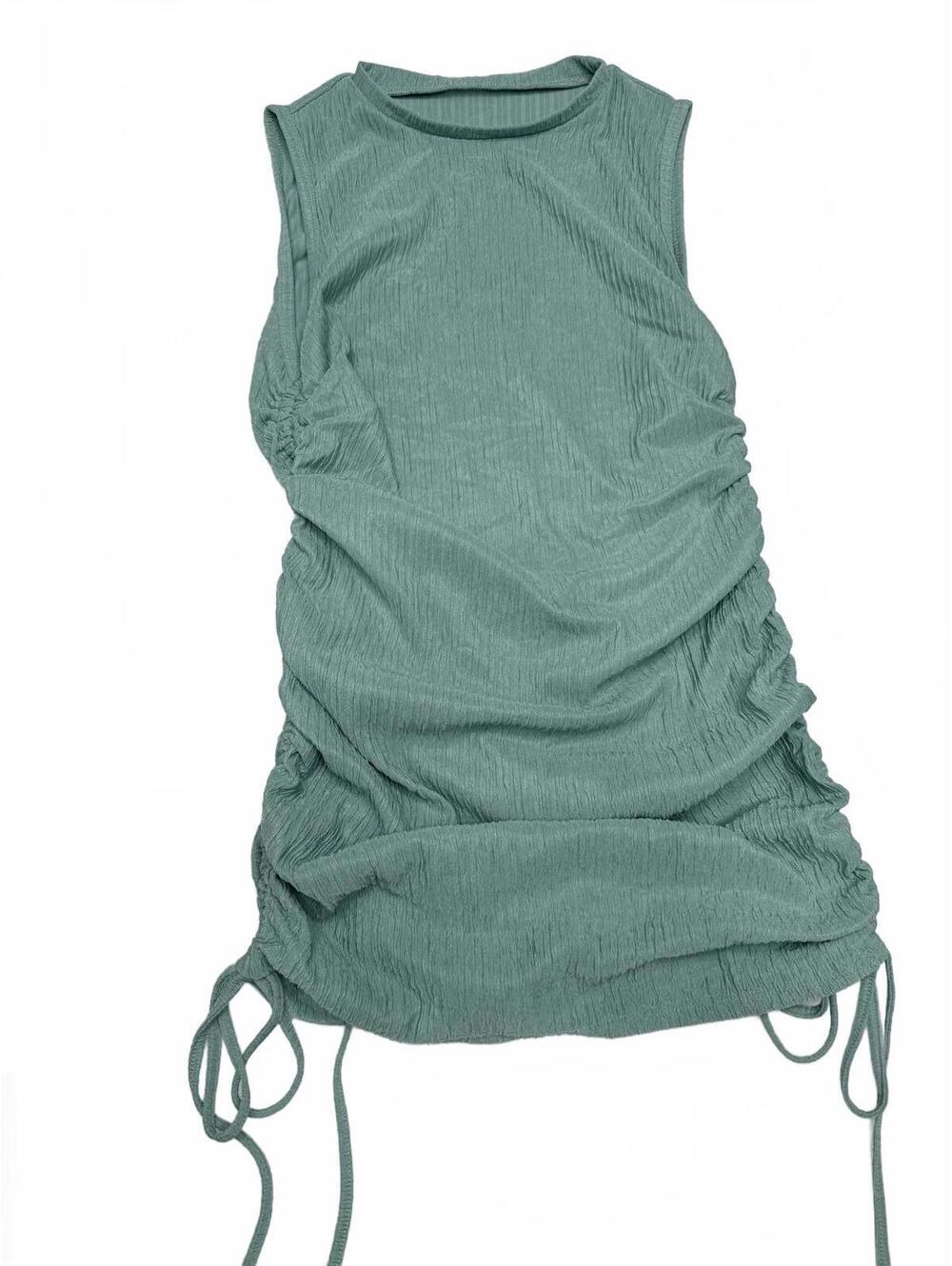 Sleeveless Ruched Drawstring Dress in Sage Green